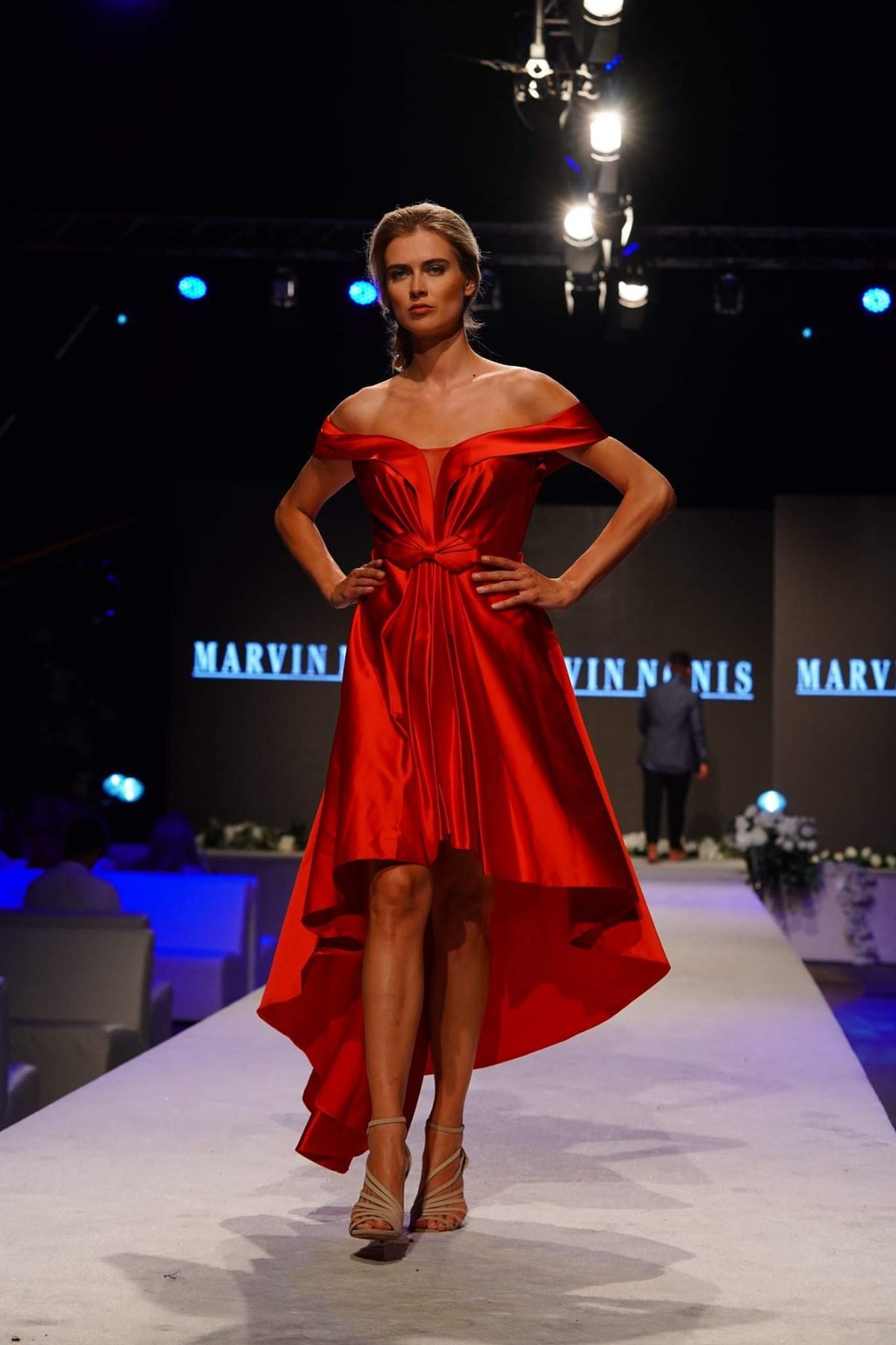 Marvin Nonis Satin Off The Shoulder Cherry Red Dress
